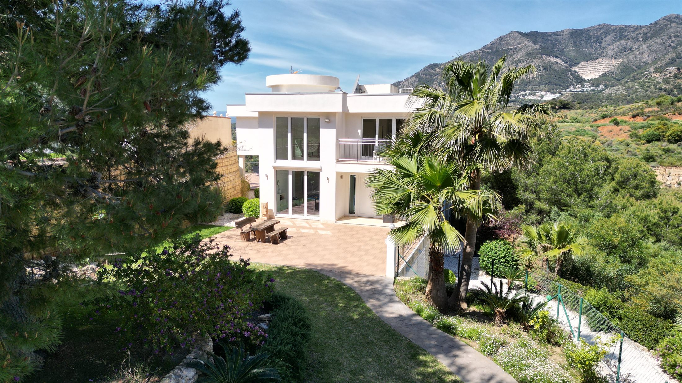 Aerial view of the garden side of the villa