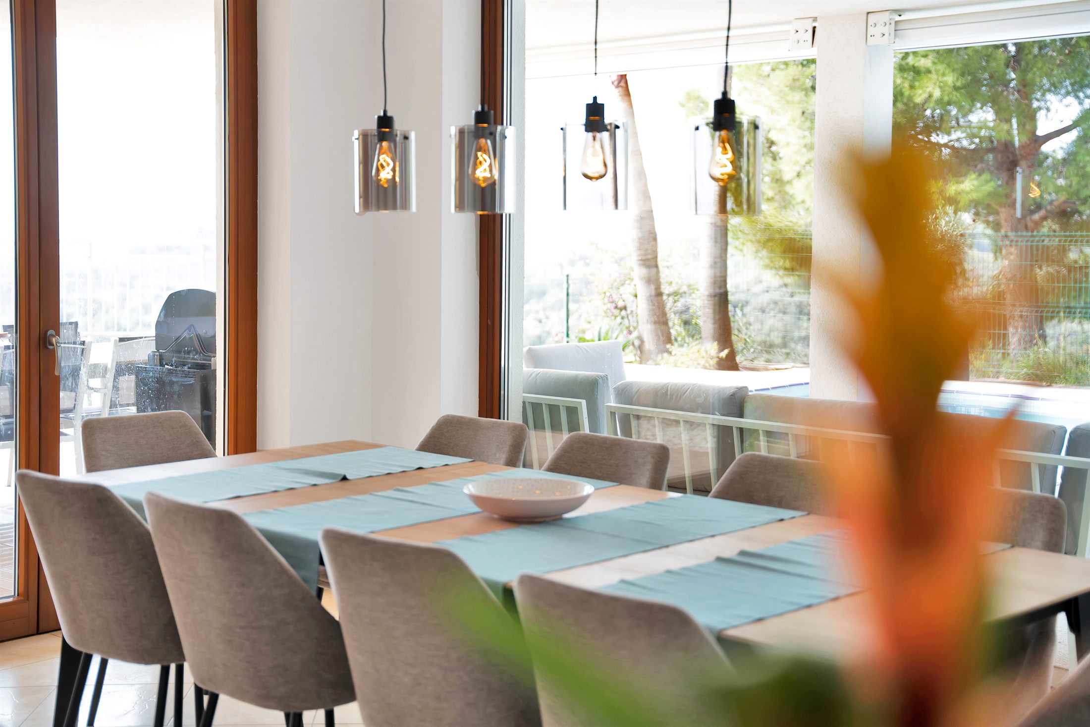 Dining area with pool view